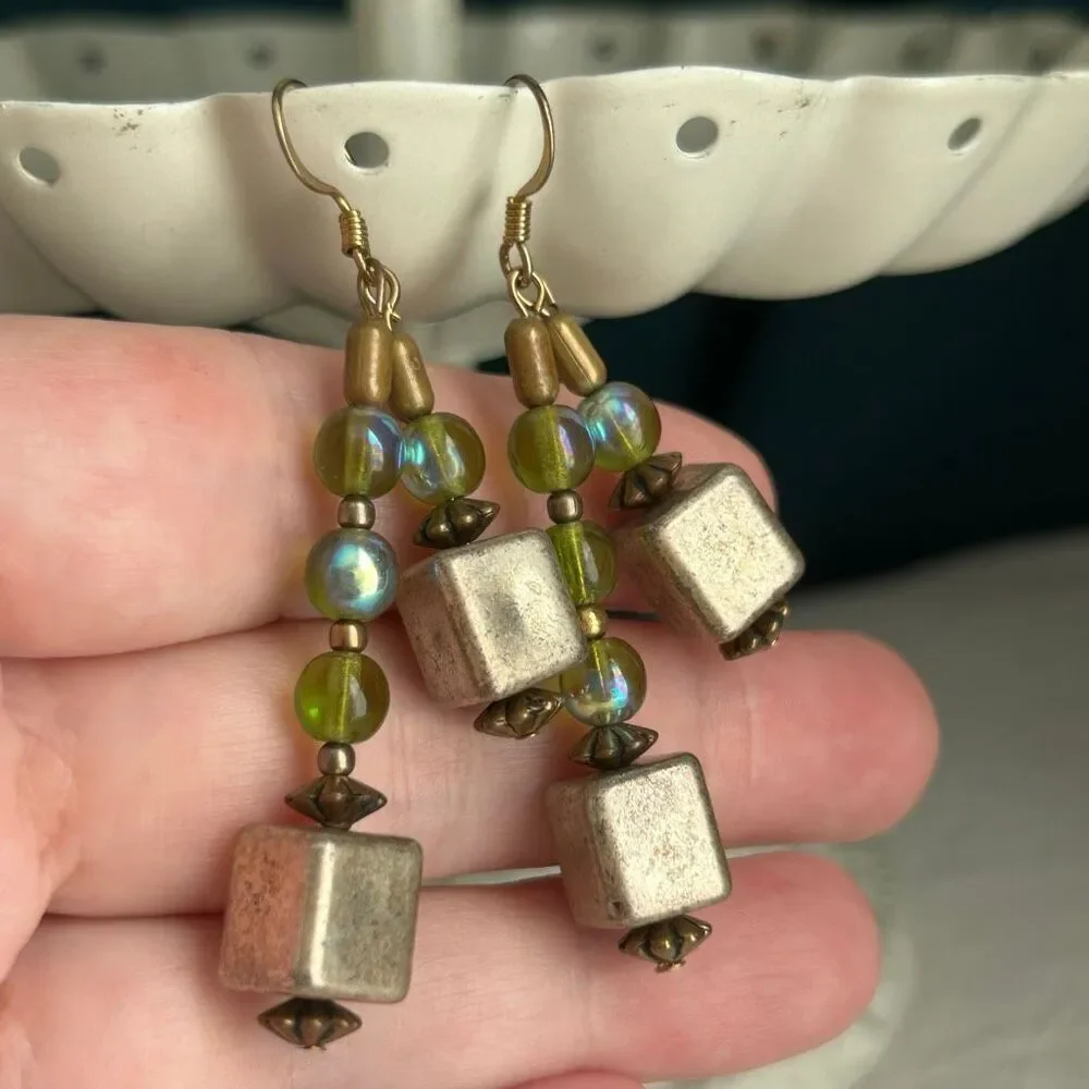 Handmade Vintage Repurposed Gold and Green Dangle Earrings
